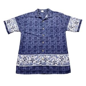 VTG Anchor Blue Mens Blue Tribal Tiki Hibiscus Floral Button Down‎ Shirt XL USA